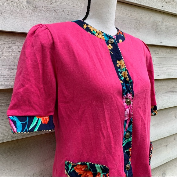 Vintage 80s Pink Floral Print Button Down Circle Neck Short Puff Sleeve Blouse - Picture 4 of 16